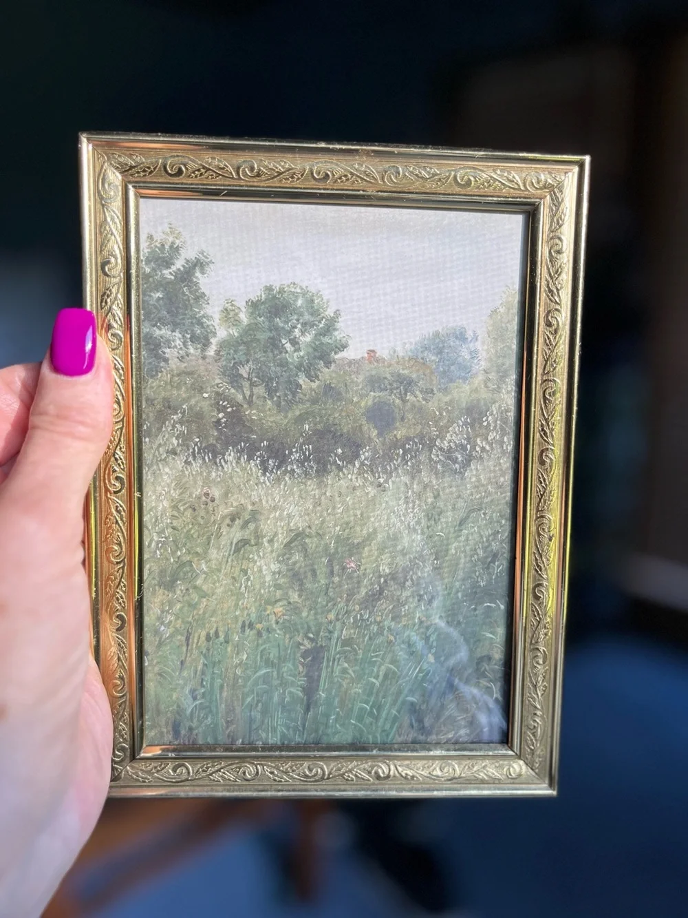 Gold Ornate Table Picture Frame with Green Landscape Art - solid brass